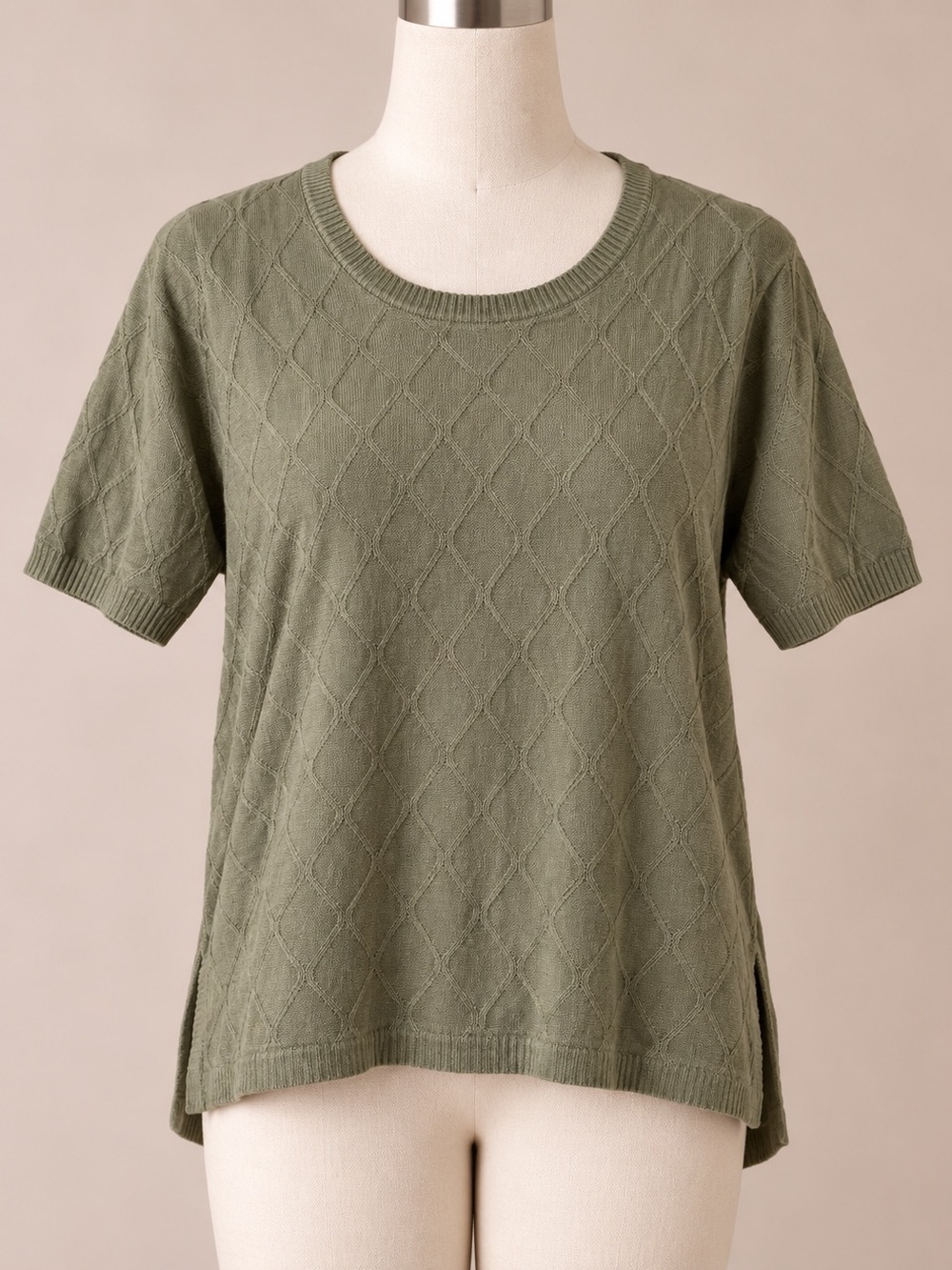 Alfred Dunner 2X Olive Green Textured Knit Short Sleeve Sweater Made in USA